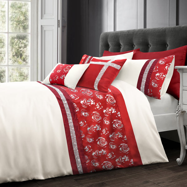 Velosso Geneva Faux Silk Diamante Red Duvet Cover & Pillowcase Set