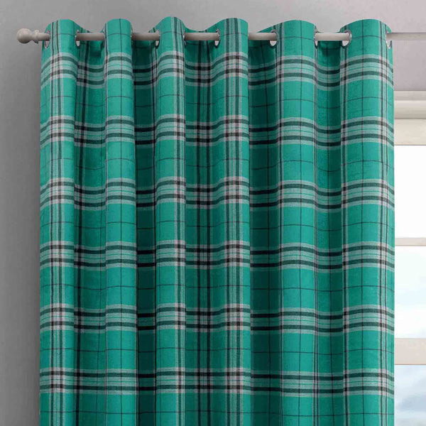 Intimates Hugo Check Teal Ready Made Eyelet Curtains
