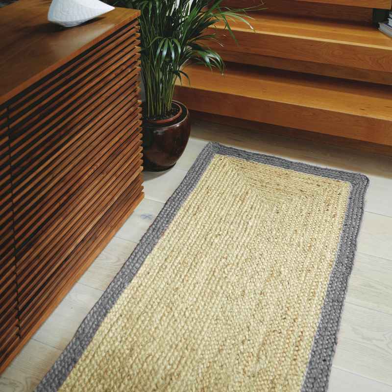 Jute Bordered Natural Plain Runner Rugs in Grey