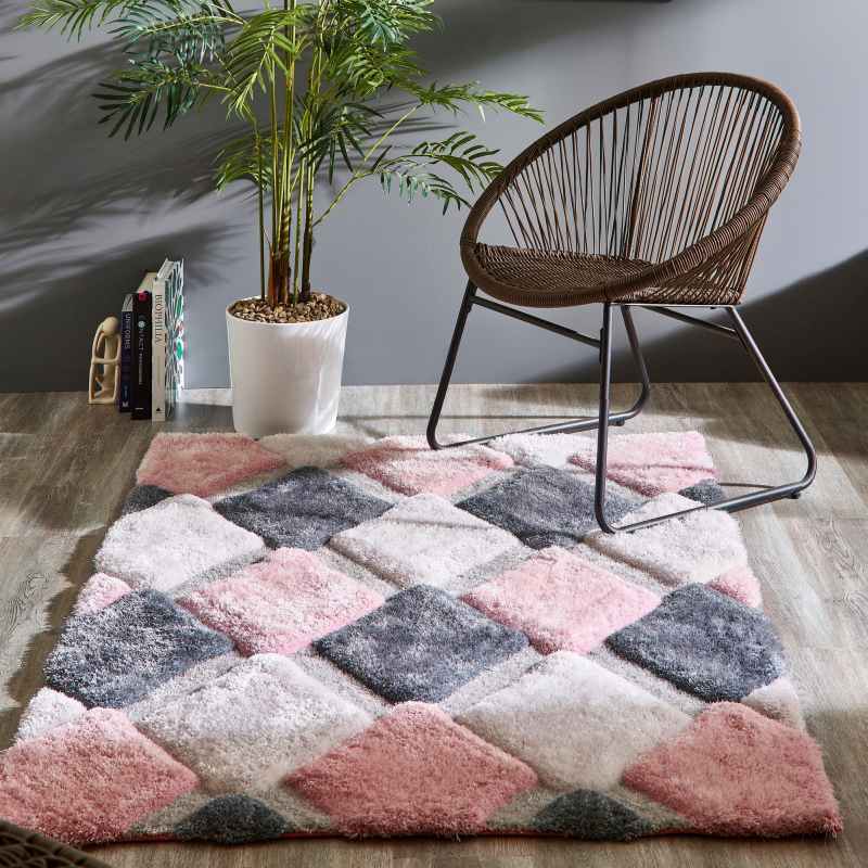 Origins 3D Geo Hand Carved Geometric Shaggy Rugs in Blush Pink