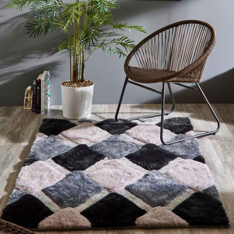 Origins 3D Geo Hand Carved Geometric Shaggy Rugs in Grey