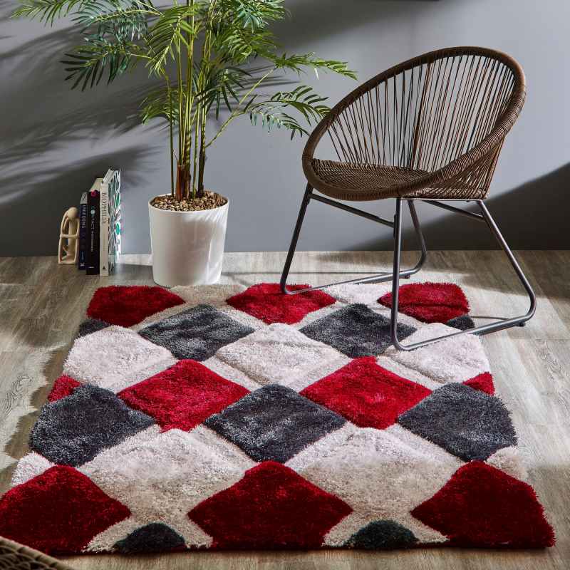 Origins 3D Geo Hand Carved Geometric Shaggy Rugs in Red