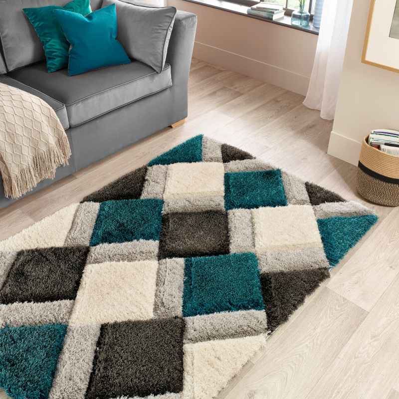 Origins 3D Geo Hand Carved Geometric Shaggy Rugs in Teal Blue