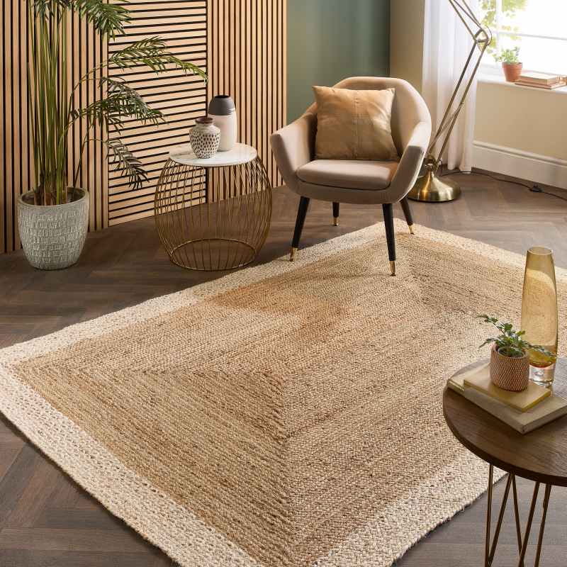 Jute Bordered Plain Woven Modern Rugs in Natural White