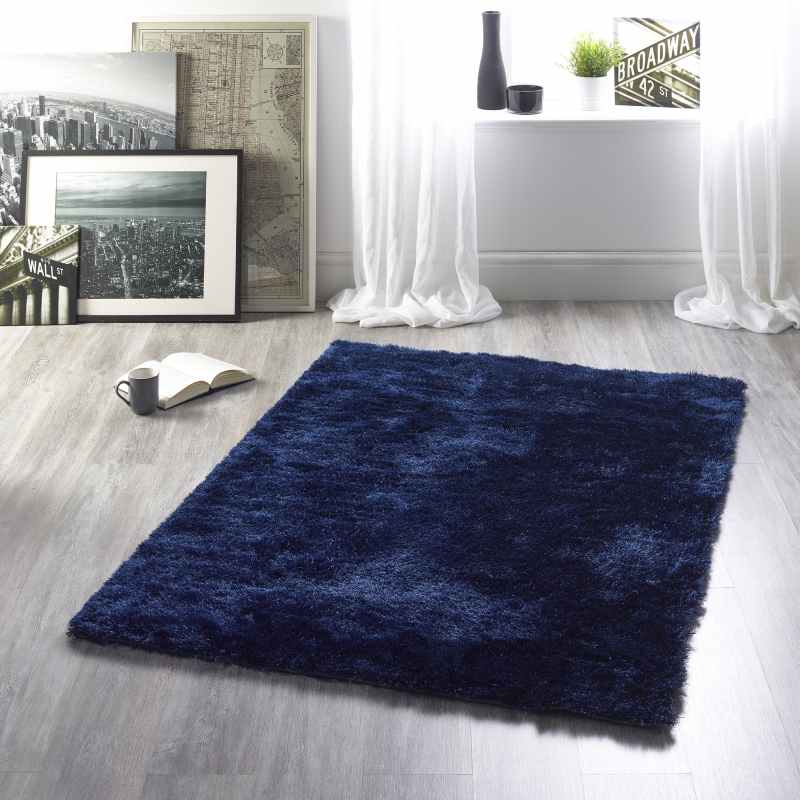 Shimmer Shaggy Lustrous Rugs in Indigo