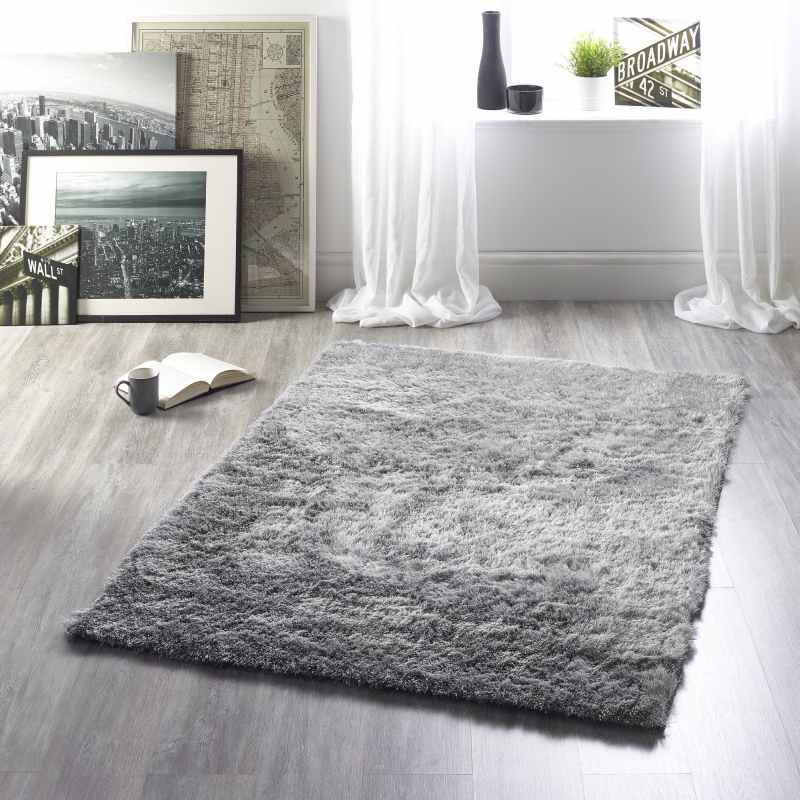 Shimmer Shaggy Lustrous Rugs in Silver
