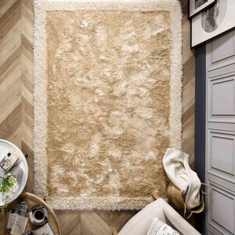 Origins Shimmer Shaggy Border Plain Modern Rugs in Champagne