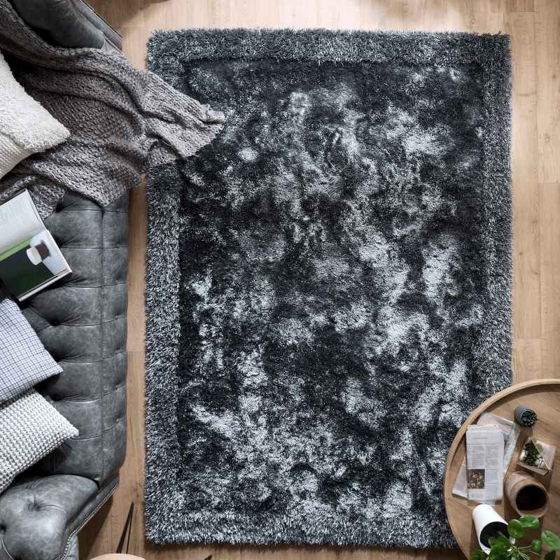Origins Shimmer Shaggy Border Plain Modern Rugs in Charcoal Grey