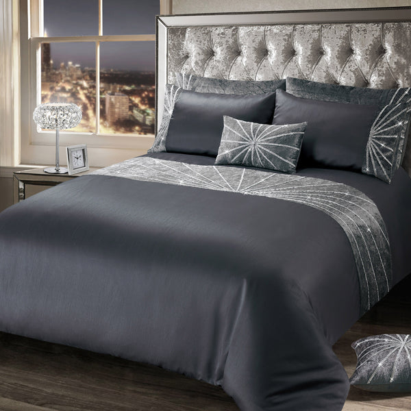 Intimates Diamante Starburst Crushed Velvet Charcoal Duvet Cover & Pillowcase Set