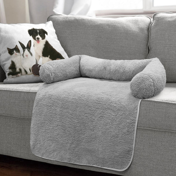 Pet Winks Luxury Teddy Fleece Bolster Pillow Pet Sofa Bed Silver