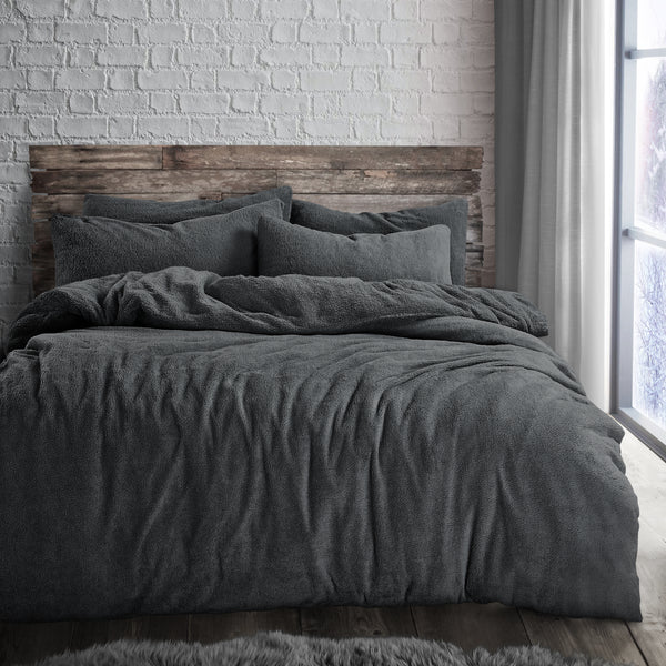 Velosso Charcoal Teddy Fleece Duvet Cover & Pillowcase Set