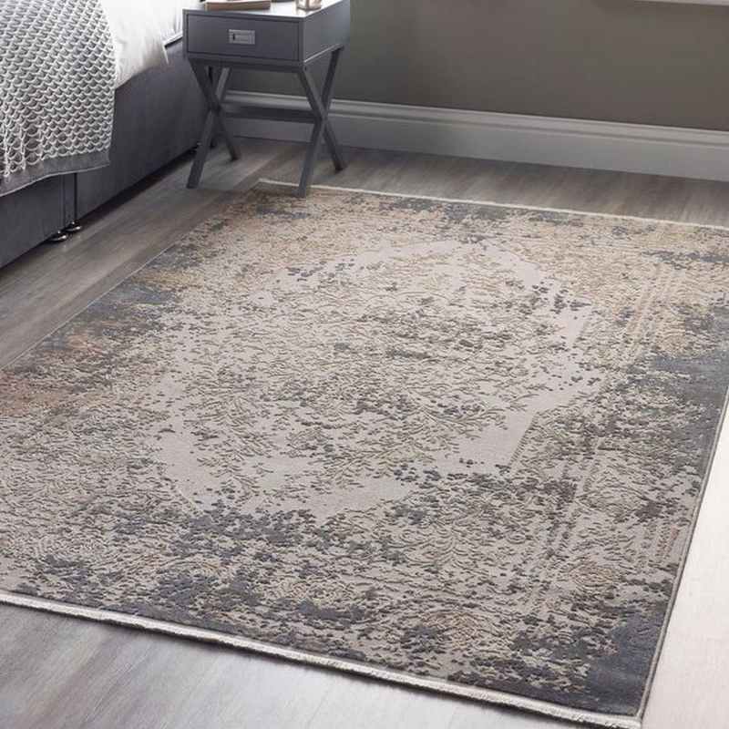 Vintage Medallion Modern Fringe Rug in Blue Grey