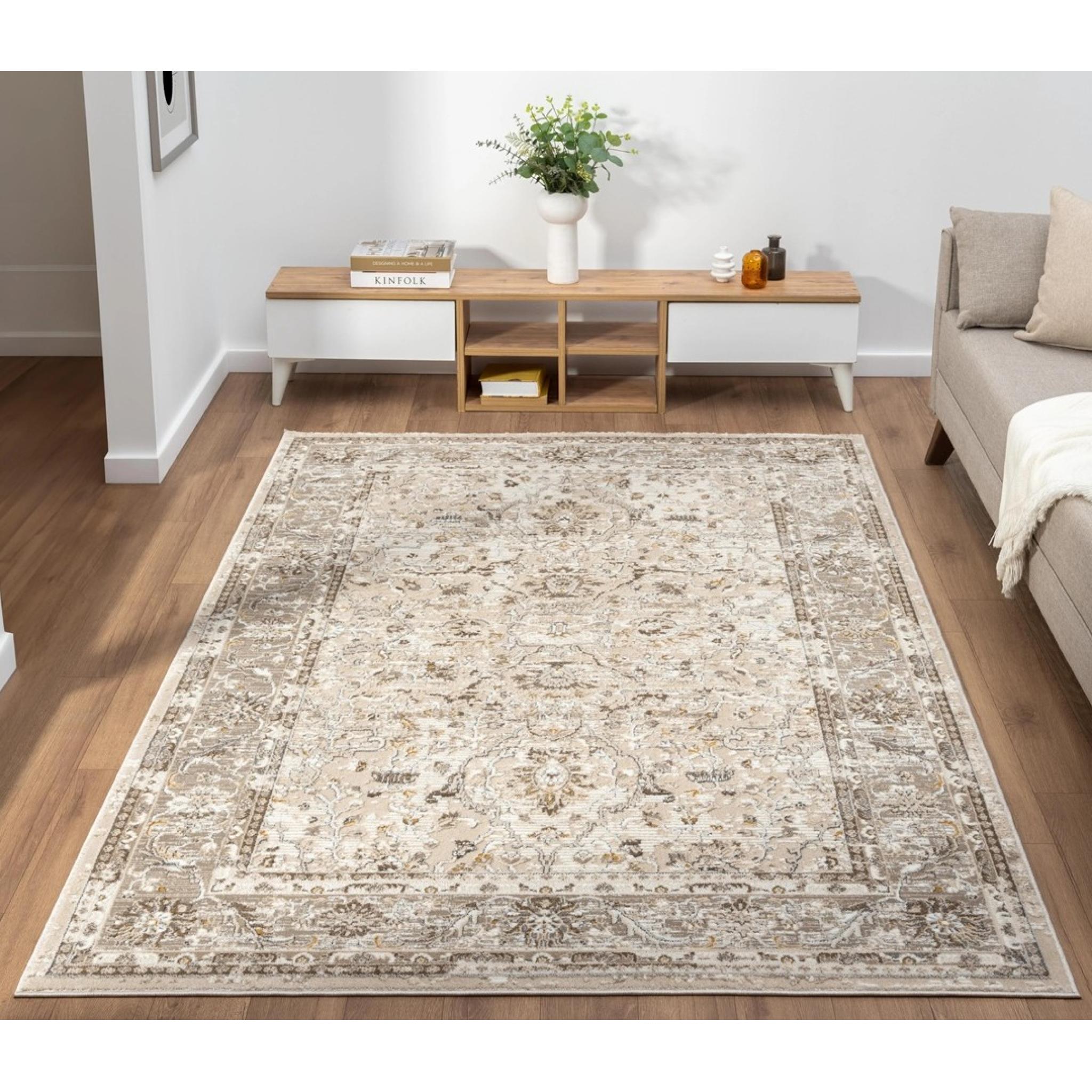 Vintage 553A2 Traditional Classic Bordered Cream Beige Rug and Hallway Runner X-Large 200x290 cm (6'7"x9'6")