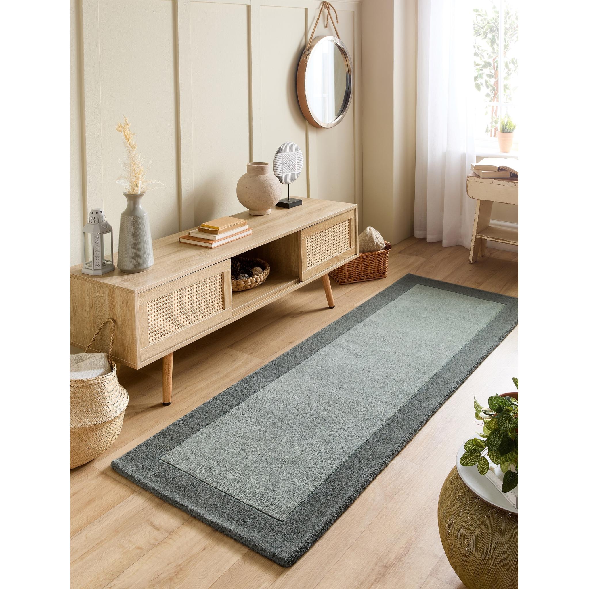 Origins Borders Hand Loom Woven Wool Bordered Rug Hallway in Sage Green Runner 67x200 cm (2'2"x6'7")