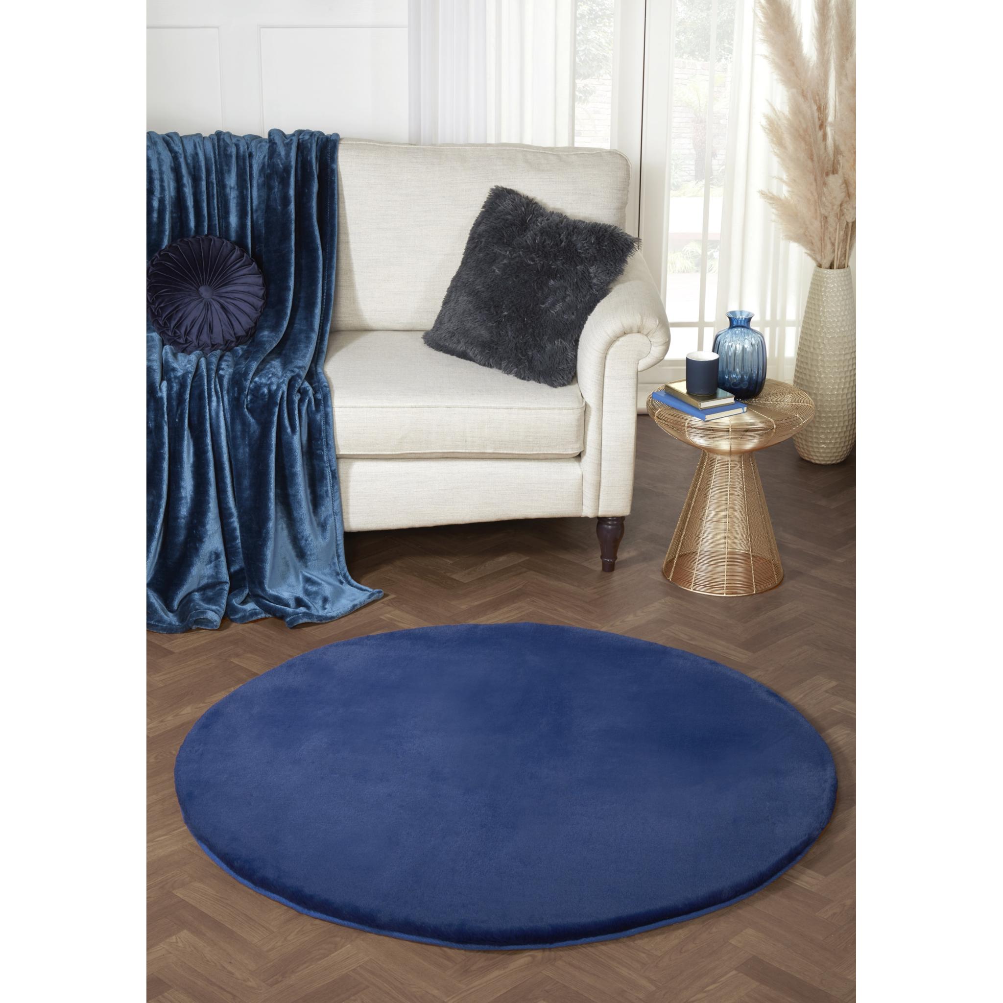 Luxe Faux Fur Plain Super Soft Shaggy Rug in Navy Blue Circle 133x133 cm (4'5"x4'5")