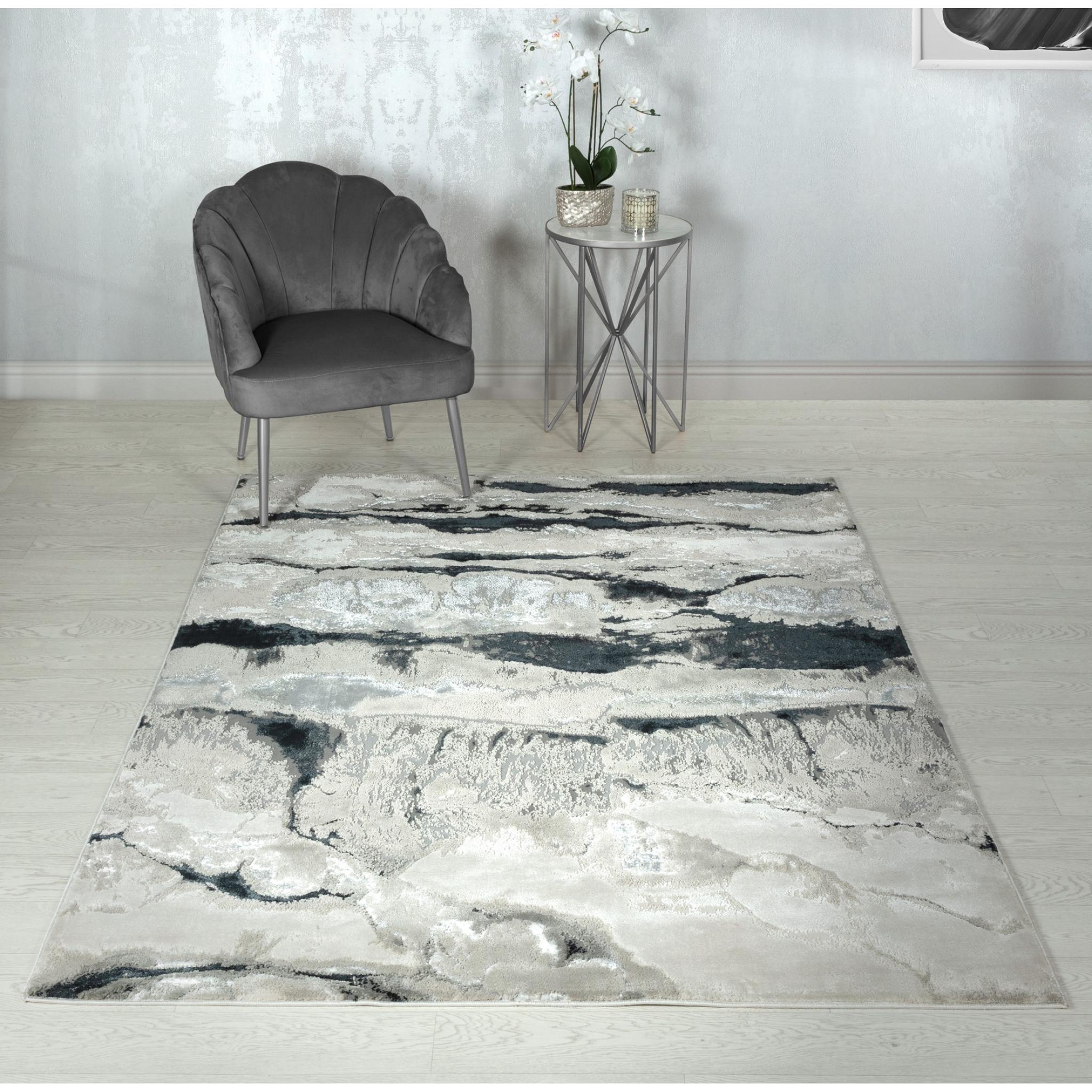 Aurora AU05 Quartz Metallic Silver Black Modern Shiny Abstract Marbled Pattern Rug 200x290cm (6'7"x9'6")