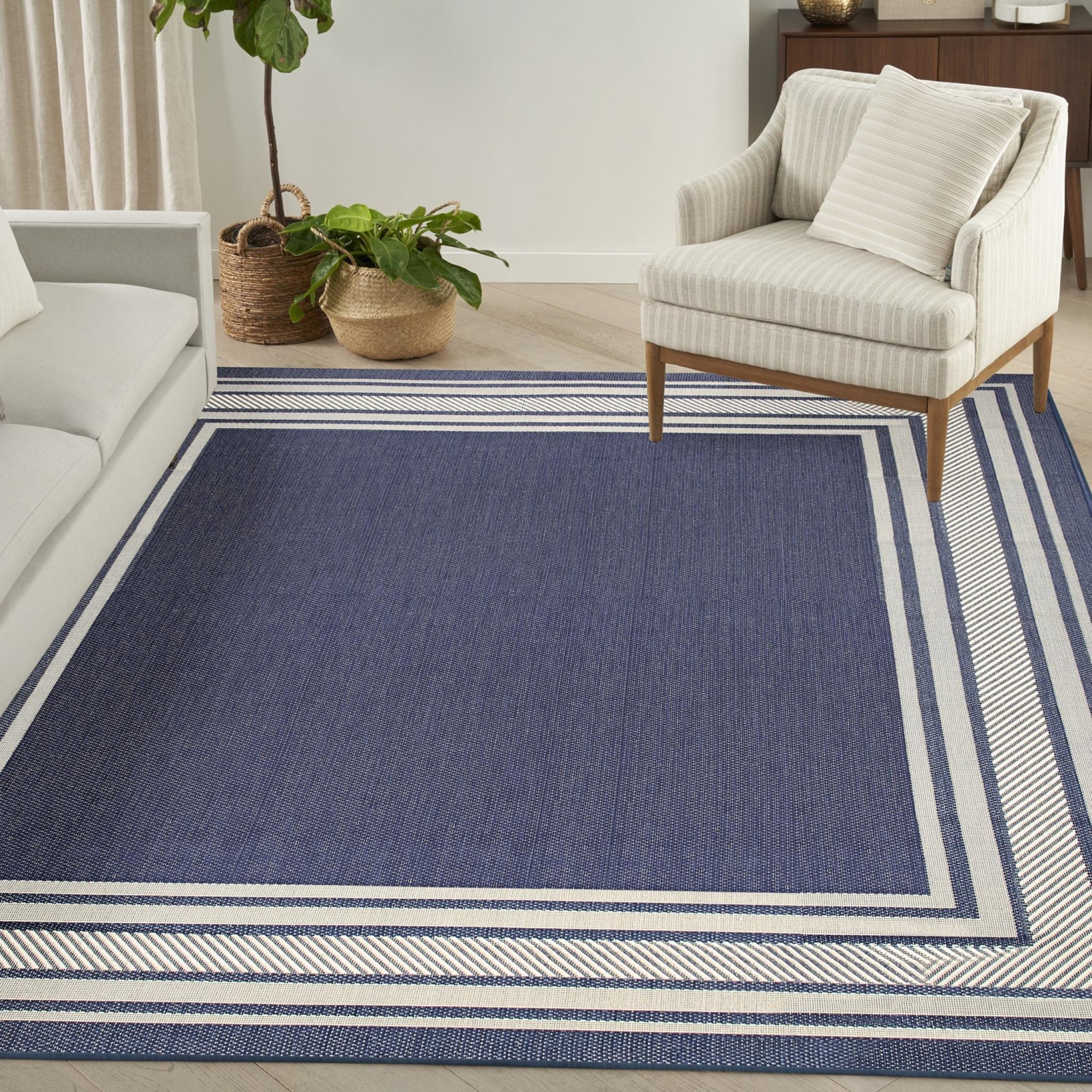 Horizon Indoor Outdoor Bordered Rug HOZ03 Navy Blue Rug by Nourison Medium 152 x 213 cm (5'x7')