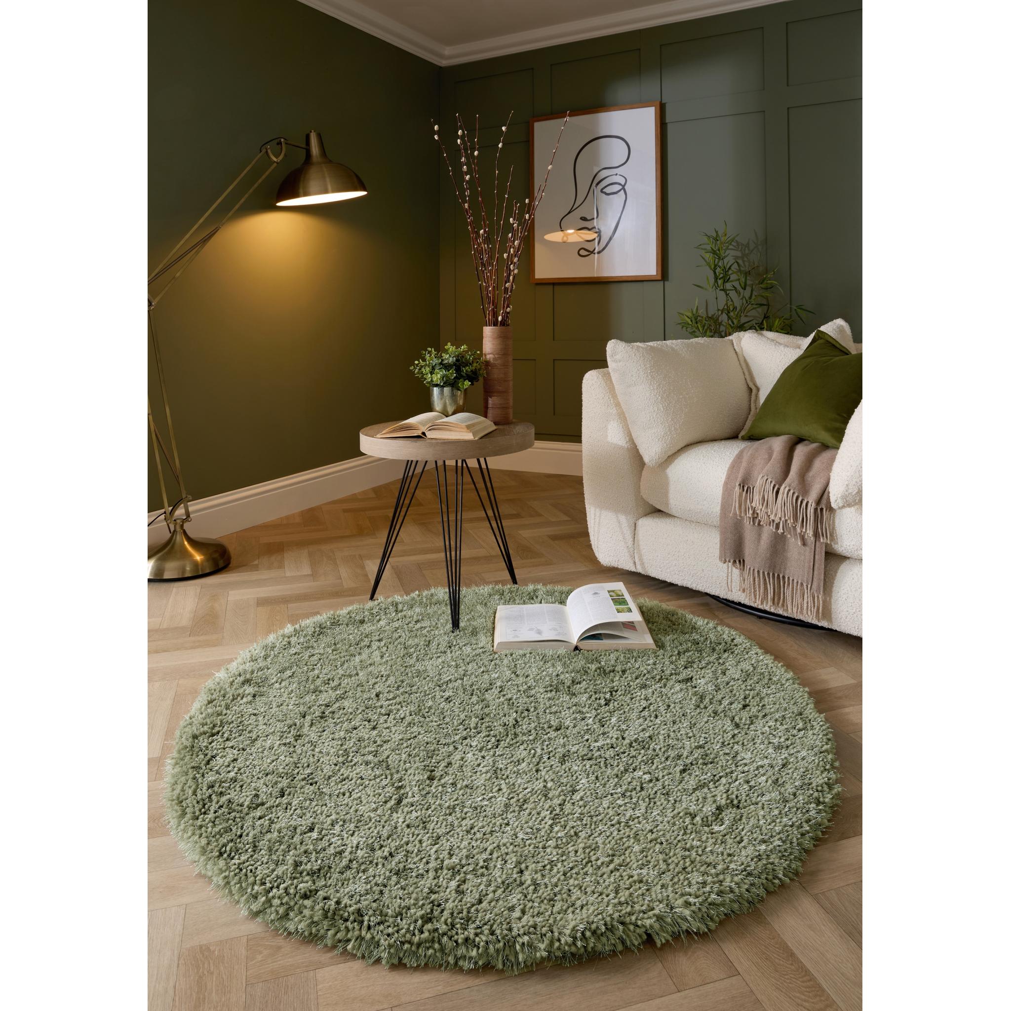 Chicago Shaggy Modern Plain Rug Hallway Runner Circle in Sage Green Circle 133x133 cm (4'5"x4'5")