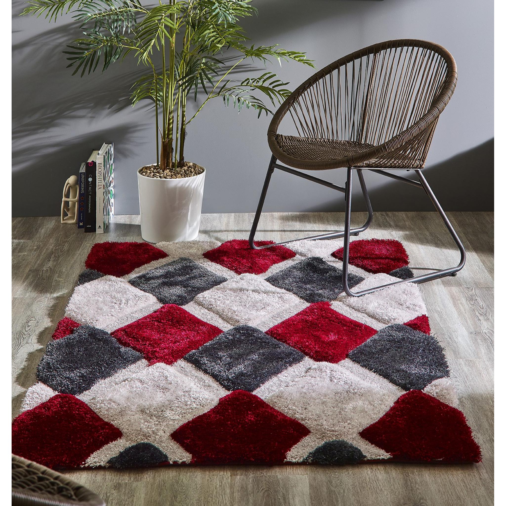 Origins 3D GEO Shaggy Modern Rug in Blush Pink, Red, Ochre and Grey Red 60x110cm (2'x3'7")