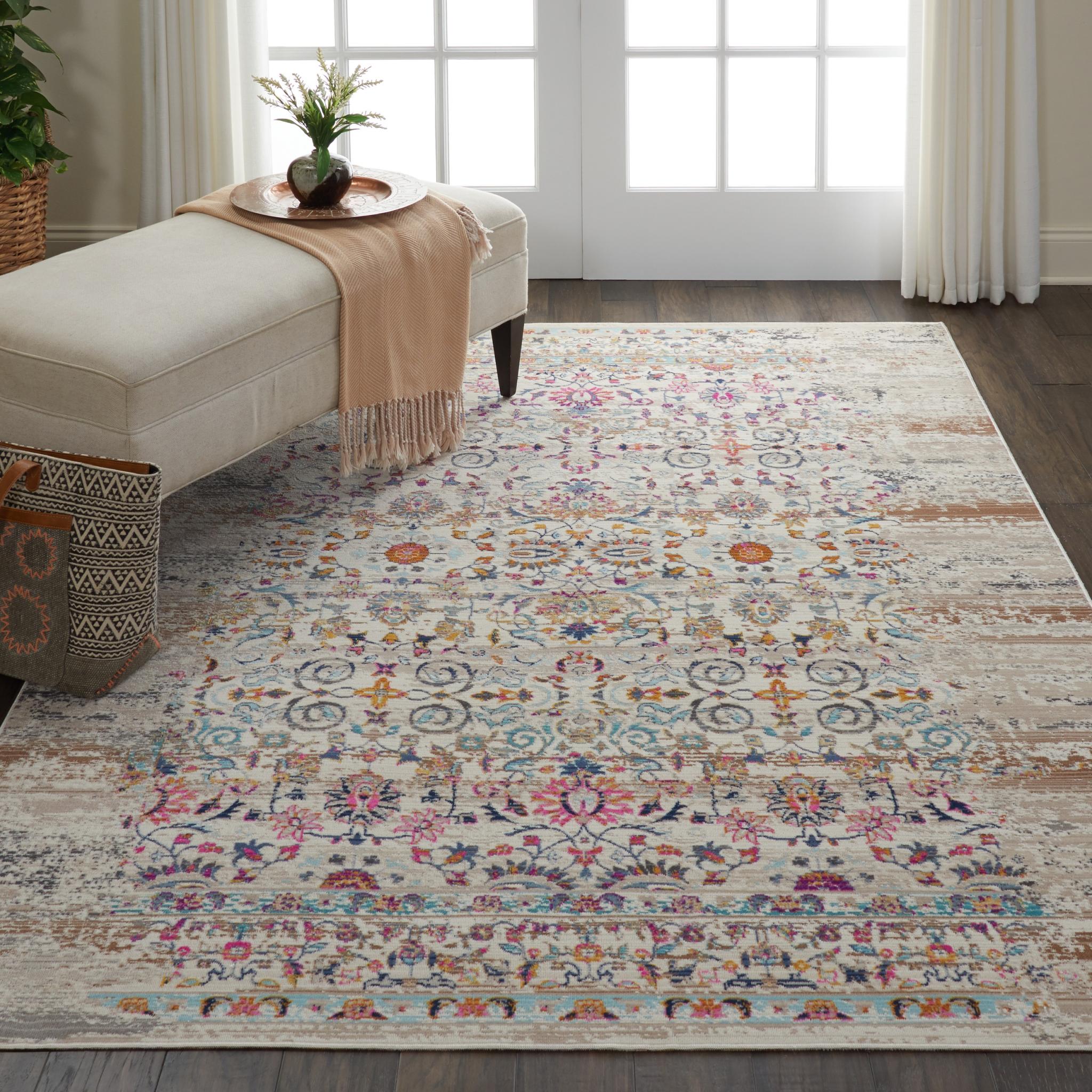 Vintage Kashan VKA02 Traditional Rug Distressed Floral Oriental Modern Classic Ivory Rug X-Large 230x300 cm (7'10"x9'10")
