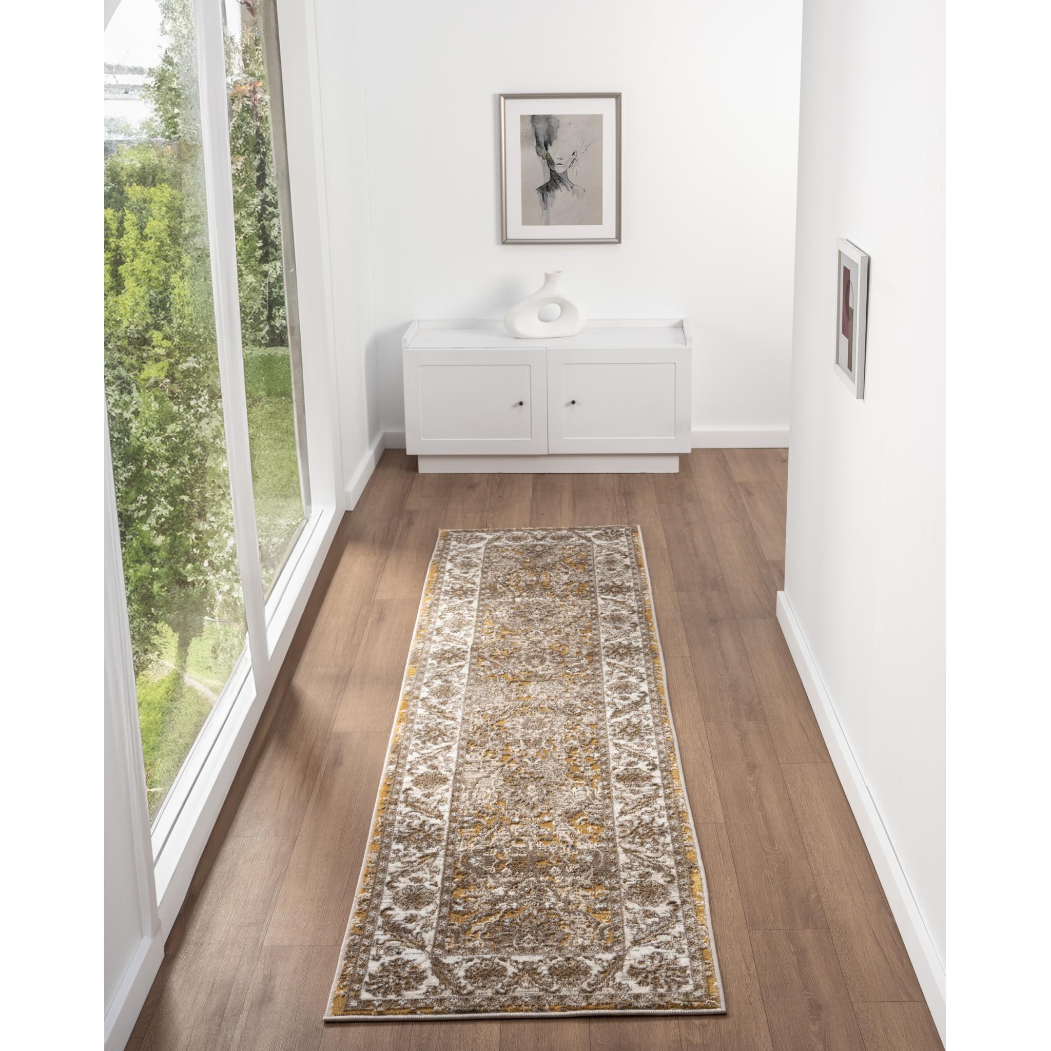 Vintage 553A2 Traditional Classic Bordered Ochre Yellow Gold Rug and Hallway Runner Runner 66x230 cm (2'5"x7'7")