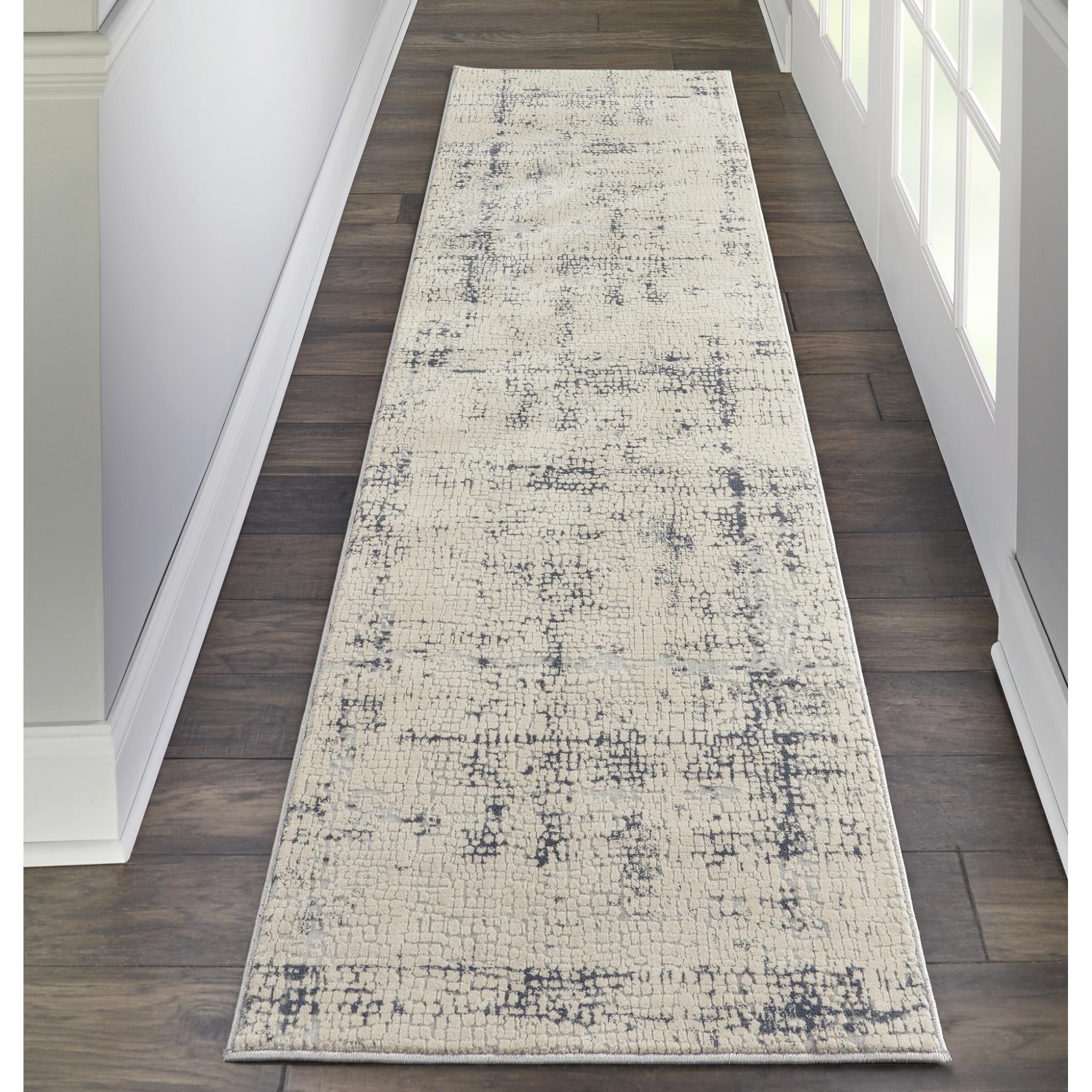 Rustic Textures RUS06 Modern Abstract Rug in Ivory Blue Runner 66x236 cm (2'2''x7'6'')