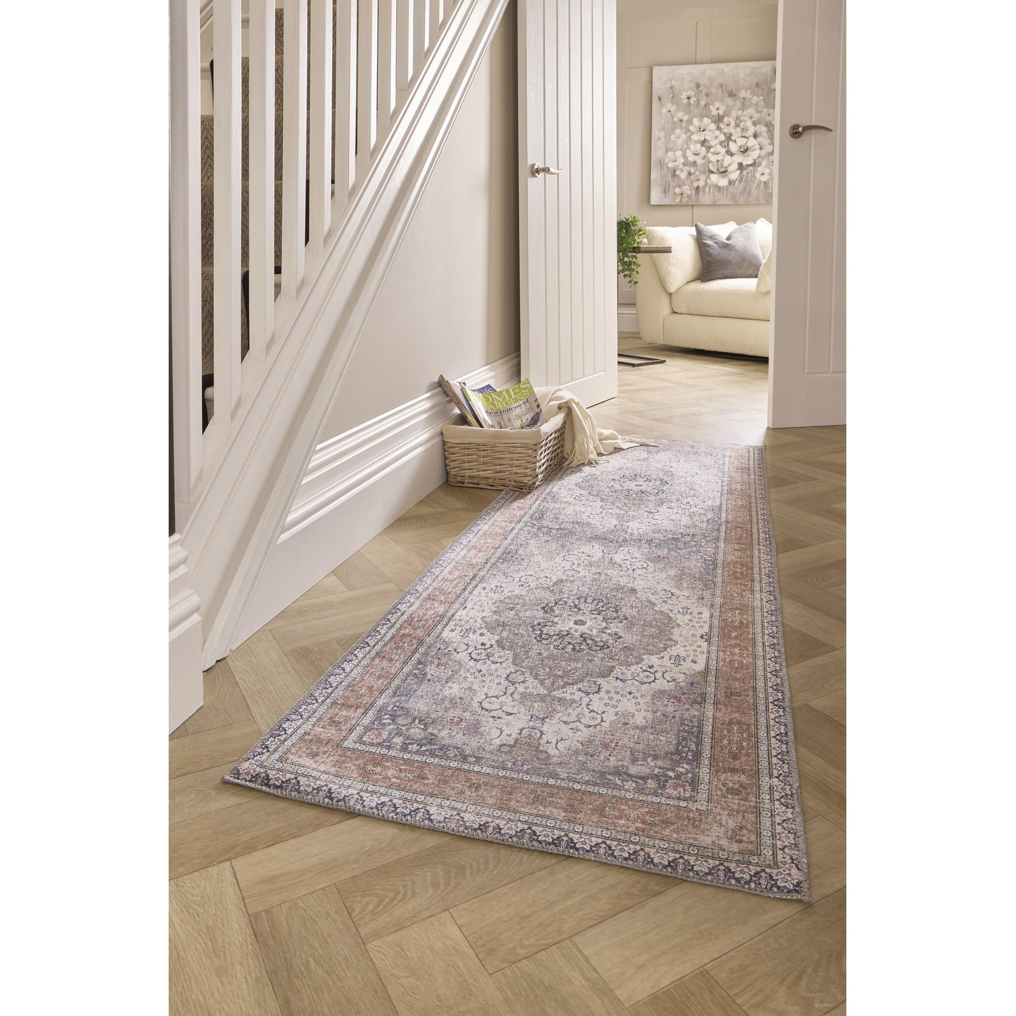 Origins Washable Croft Traditional Medallion Soft Chenille Rug in Blue Rust Multi Runner 67x200 cm (2'2"x6'7")