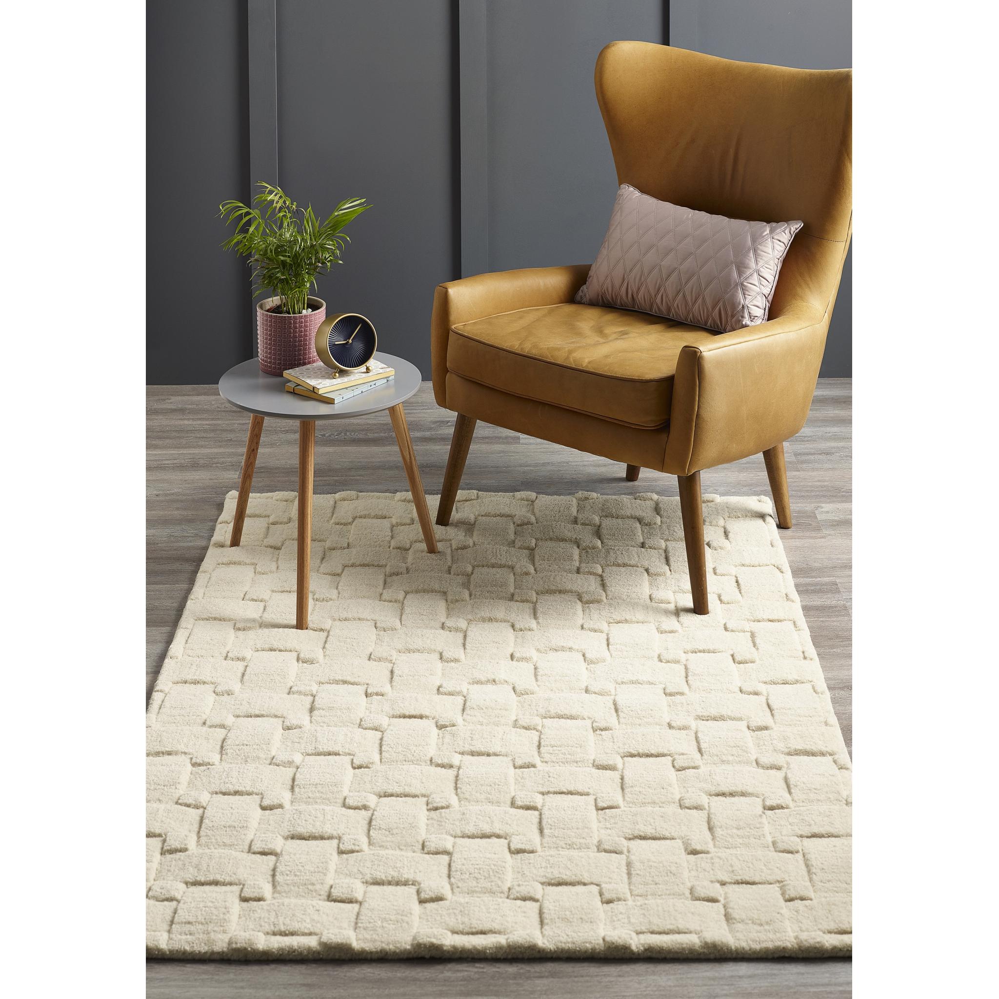 Basketweave 3D Geometric Handmade Wool Rug in Ivory by Origins Small 80x150 cm (2'6"x5')