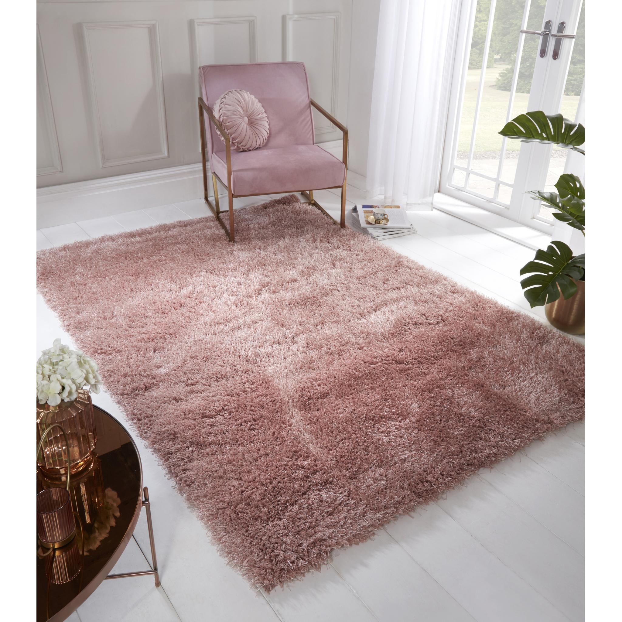 Boston Plain Thick Soft Fluffy Plush Silky Sparkle Shaggy Rug in Blush Pink X-Small 60x110 cm (2'x3'7")