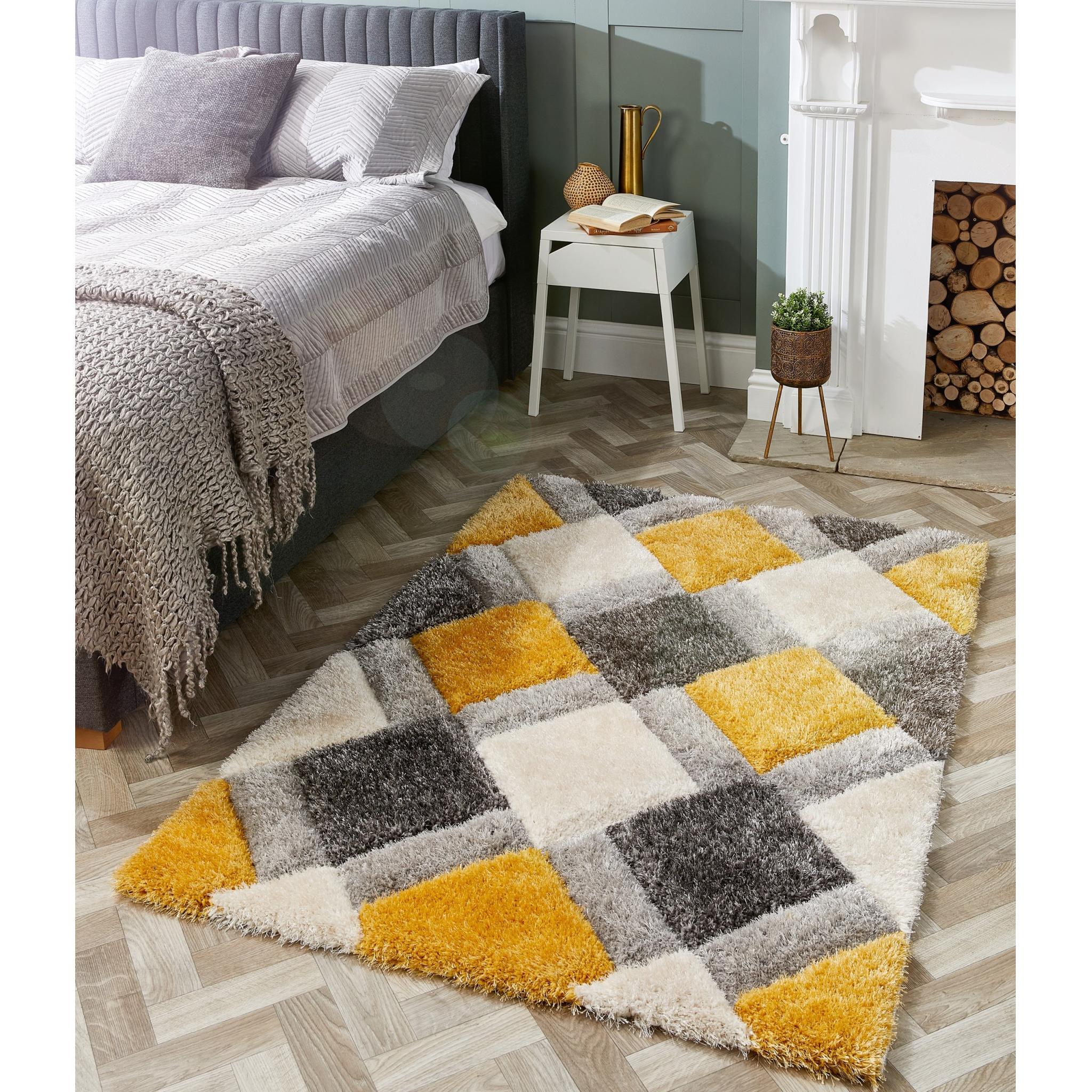 Origins 3D GEO Soft Silky Shaggy Modern Diamond Rug in Ochre Yellow Grey X-Small 60x110 cm (2'x3'7")