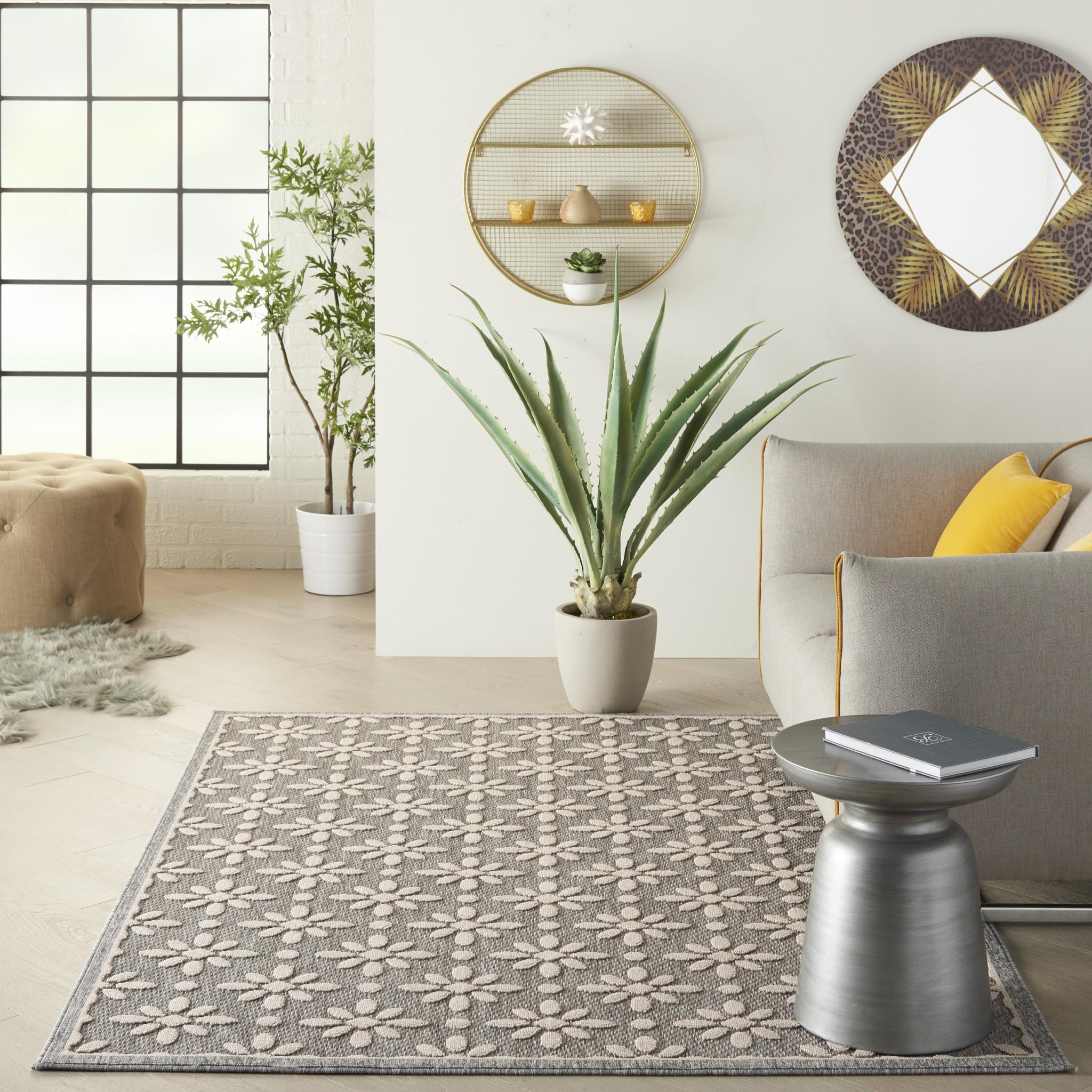 Outdoor Indoor Rug by Cozumel Nourison CZM03 Geometric Floral 3D Modern Rug in Cream Grey CZM03 Grey Medium 122x183 cm (4'x6')