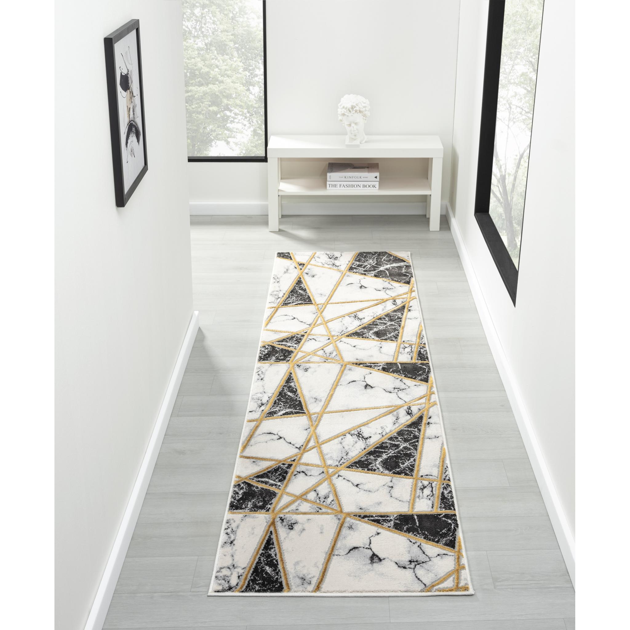 Bianco 185MA Modern Marbled Abstract Black Cream Rug & Hall Runner Runner 66x230 cm (2'5"x7'7")