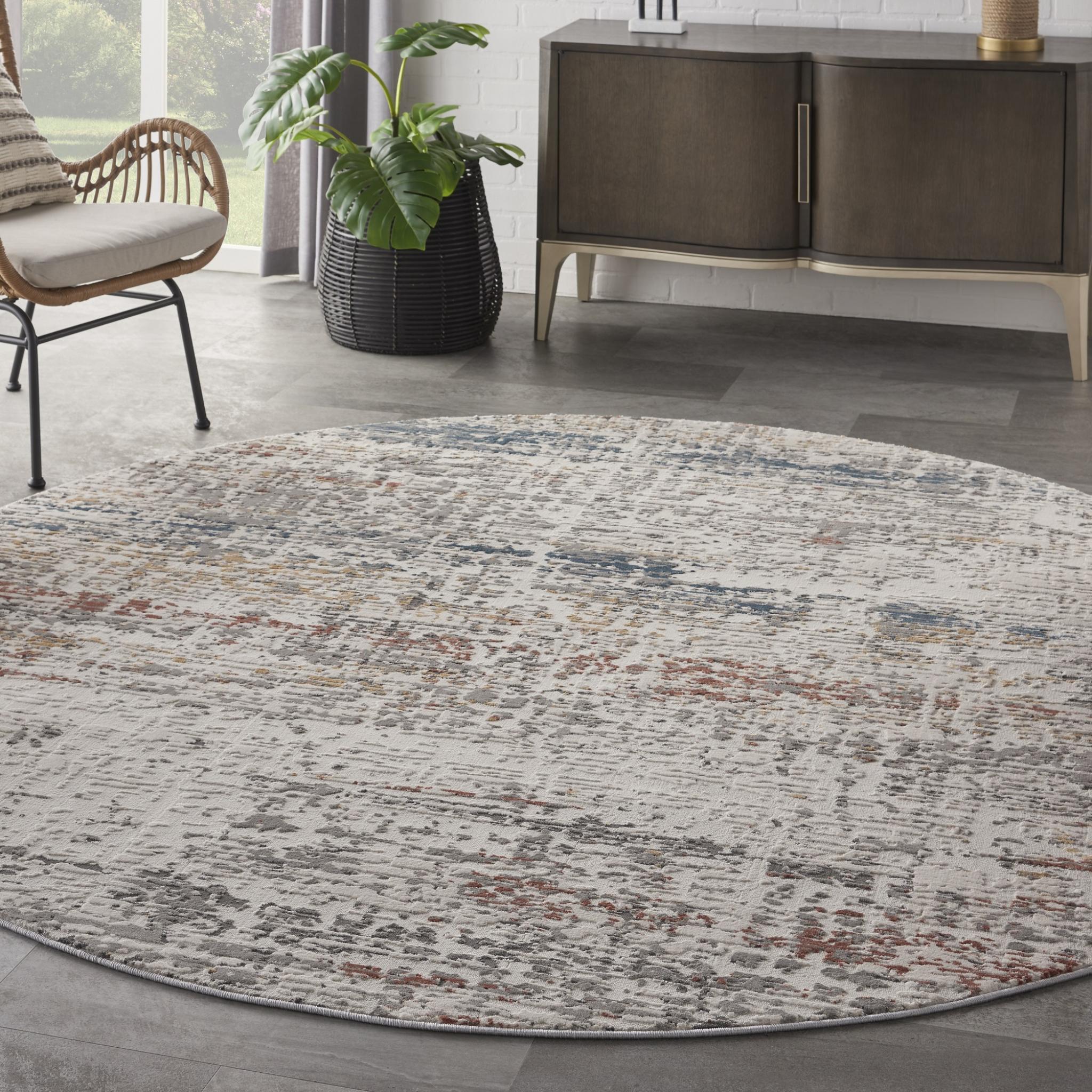 Rustic Textures RUS14 Modern Painterly Abstract Rug in Light Grey Multi Round Large 160x160 cm (5'3''x5'3'')