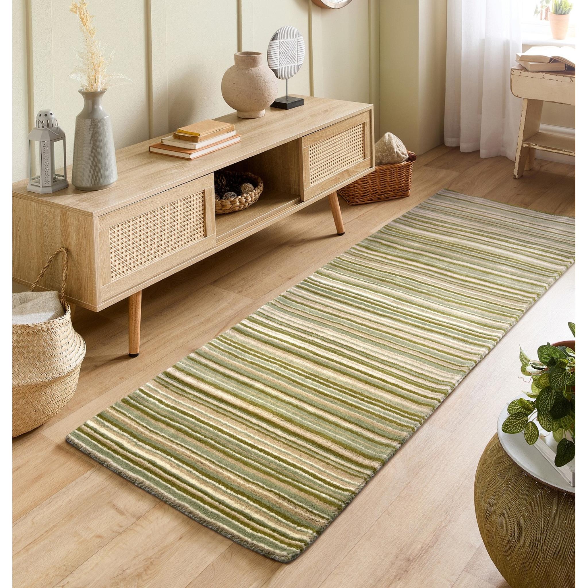 Origins Fine Stripes Hand Loom Woven Wool Rug Halway in Green 67x200cm (2'2''x6'7'') Runner
