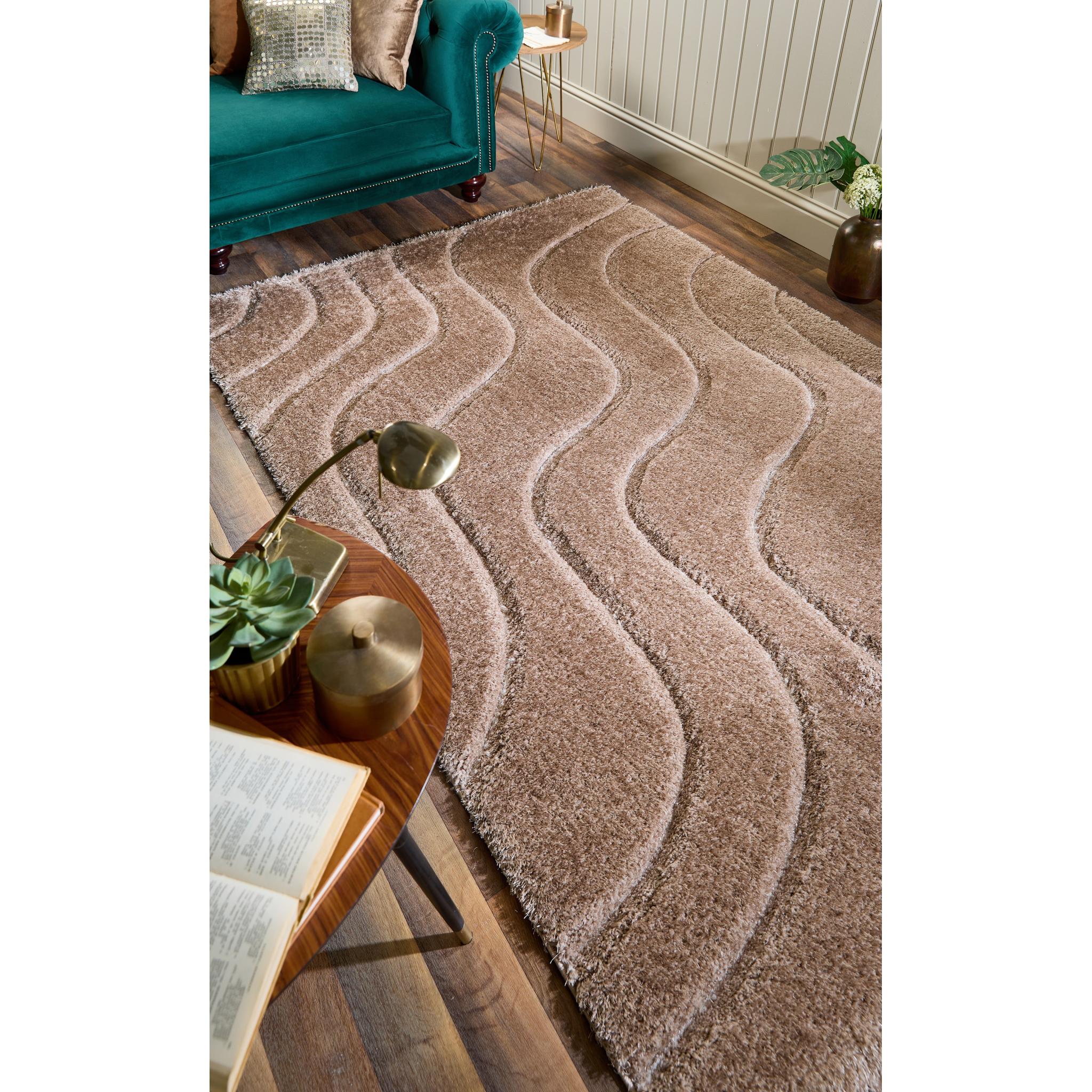 Origins Soft Carved Wave Silky Shine Shaggy Modern Rug in Beige Small 80x150 cm (2'6"x5')