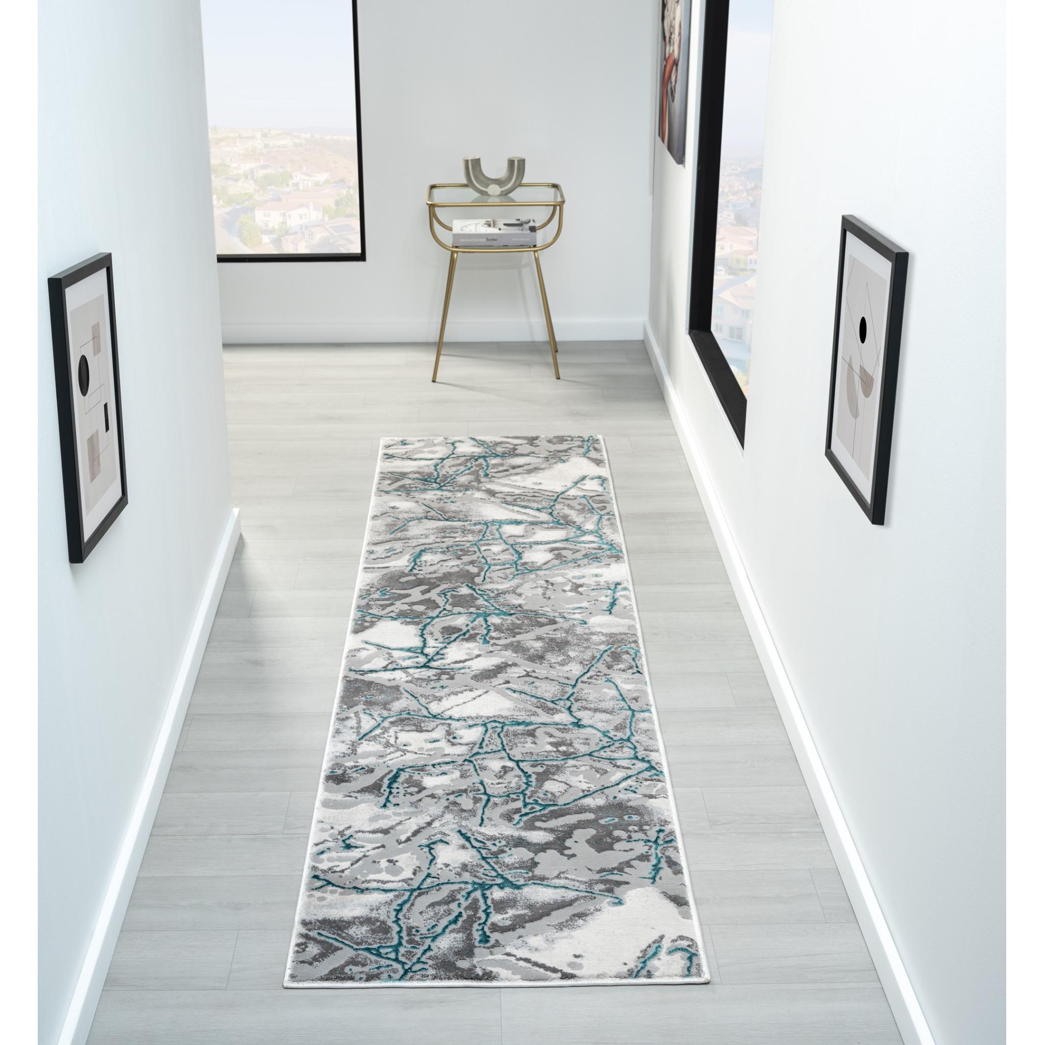 Bianco 185KB Modern Marbled Abstract Grey Cream Blue Rug & Hall Runner Runner 66x230 cm (2'5"x7'7")