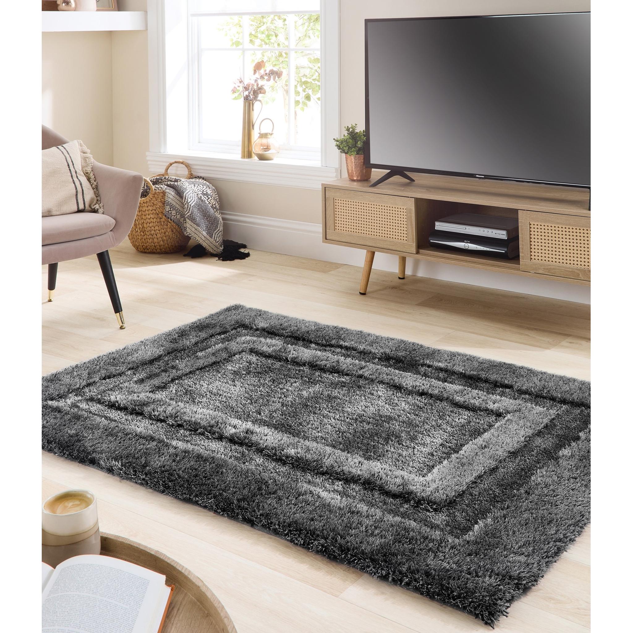 Origins Frame Hand Tufted Soft Silky Thick Shaggy Rug in Silver, Latte and Charcoal Grey Charcoal Grey Medium 120x170 cm (4'x5'6")