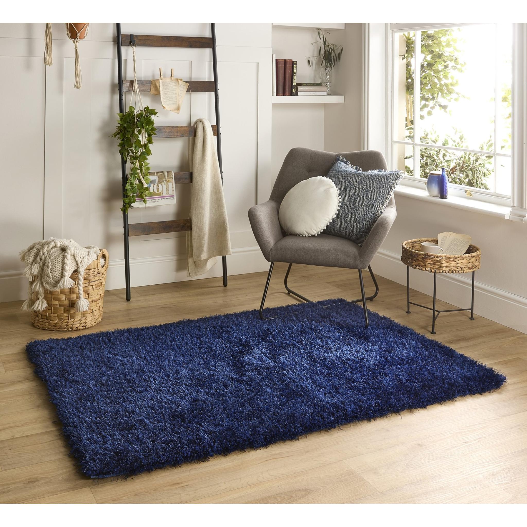 Chicago Shaggy Modern Plain Rug Hallway Runner in Indigo Blue Medium 110x160 cm (3'7"x5'3")