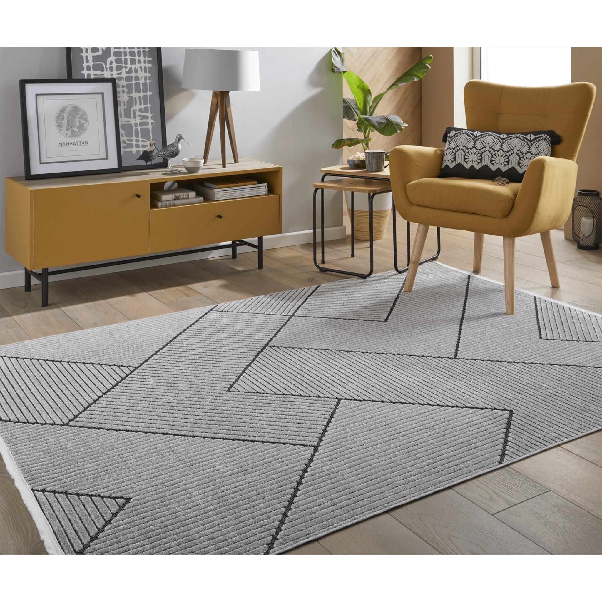 Jazz Indoor Outdoor Rug Garden Bedroom Living Room Patio Geometric Rug JAZ16 Grey Black Large 160x220 cm (5'3"x7'6")