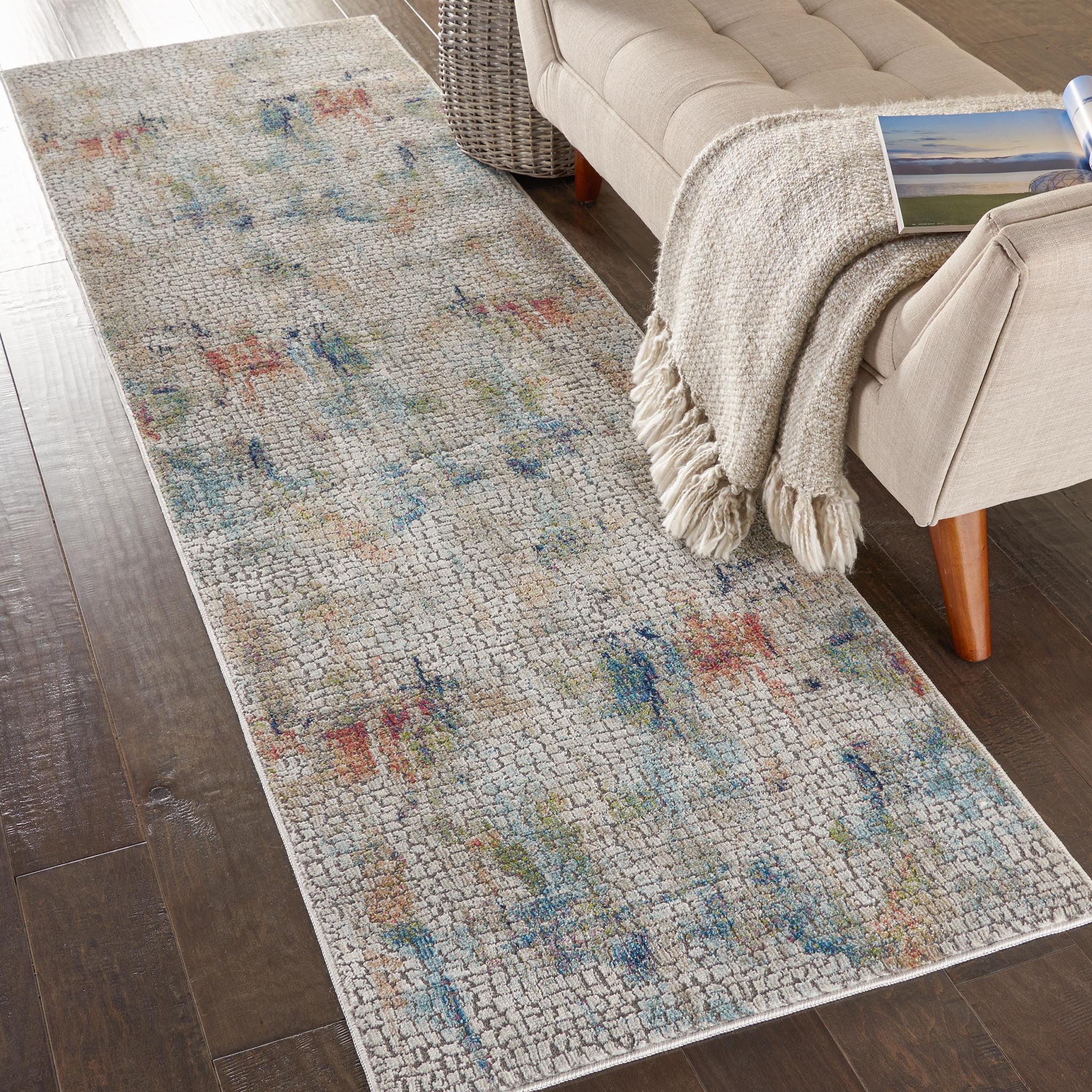 Nourison Ankara Global Modern Abstract Silky Hallway Runner Rug in Ivory Multi 71x244 cm (2'4''x8') Runner