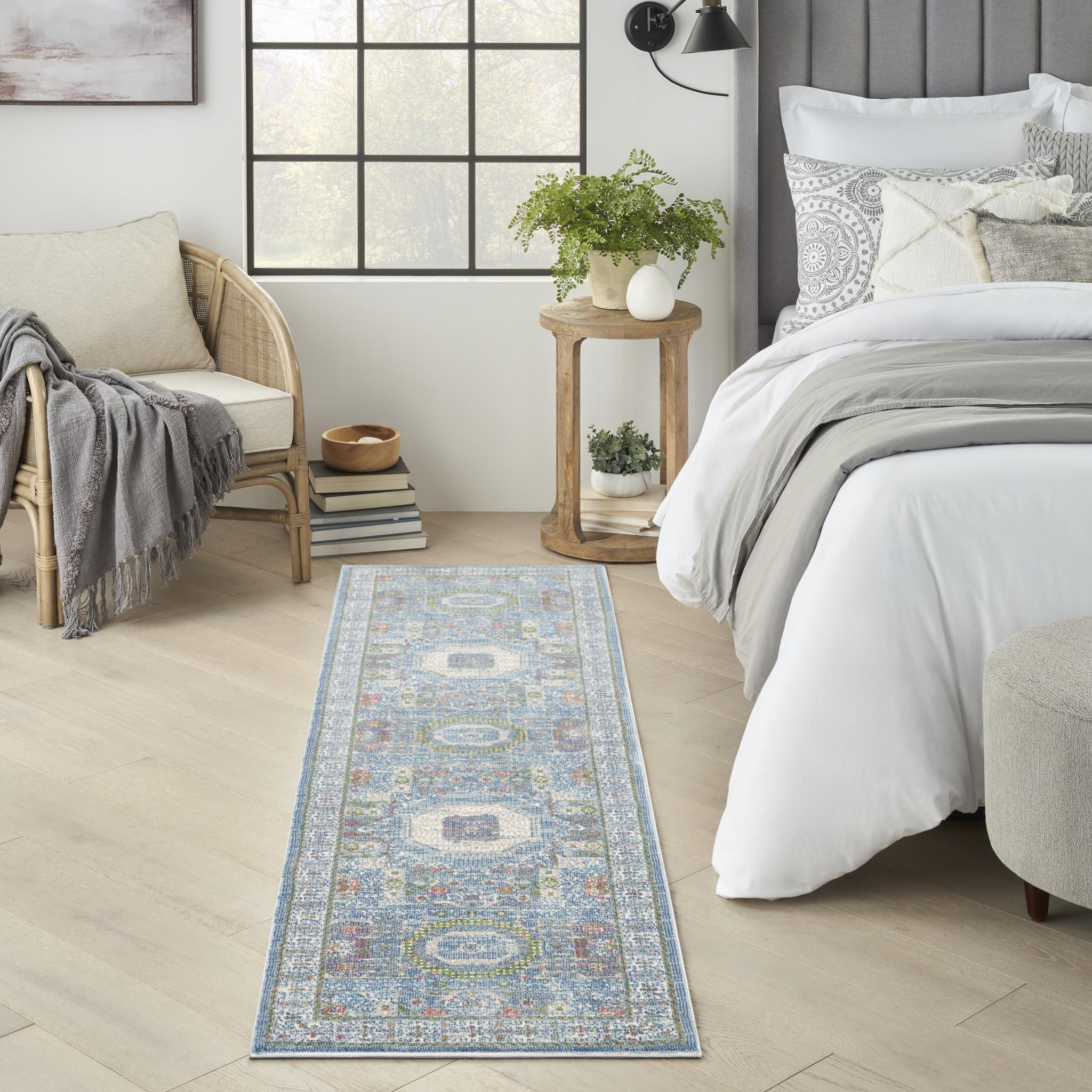 Nourison Ankara Vintage Traditional ANR17 Rug Runner Round in Light Blue Ivory 61x183 cm (2'x6'') Runner