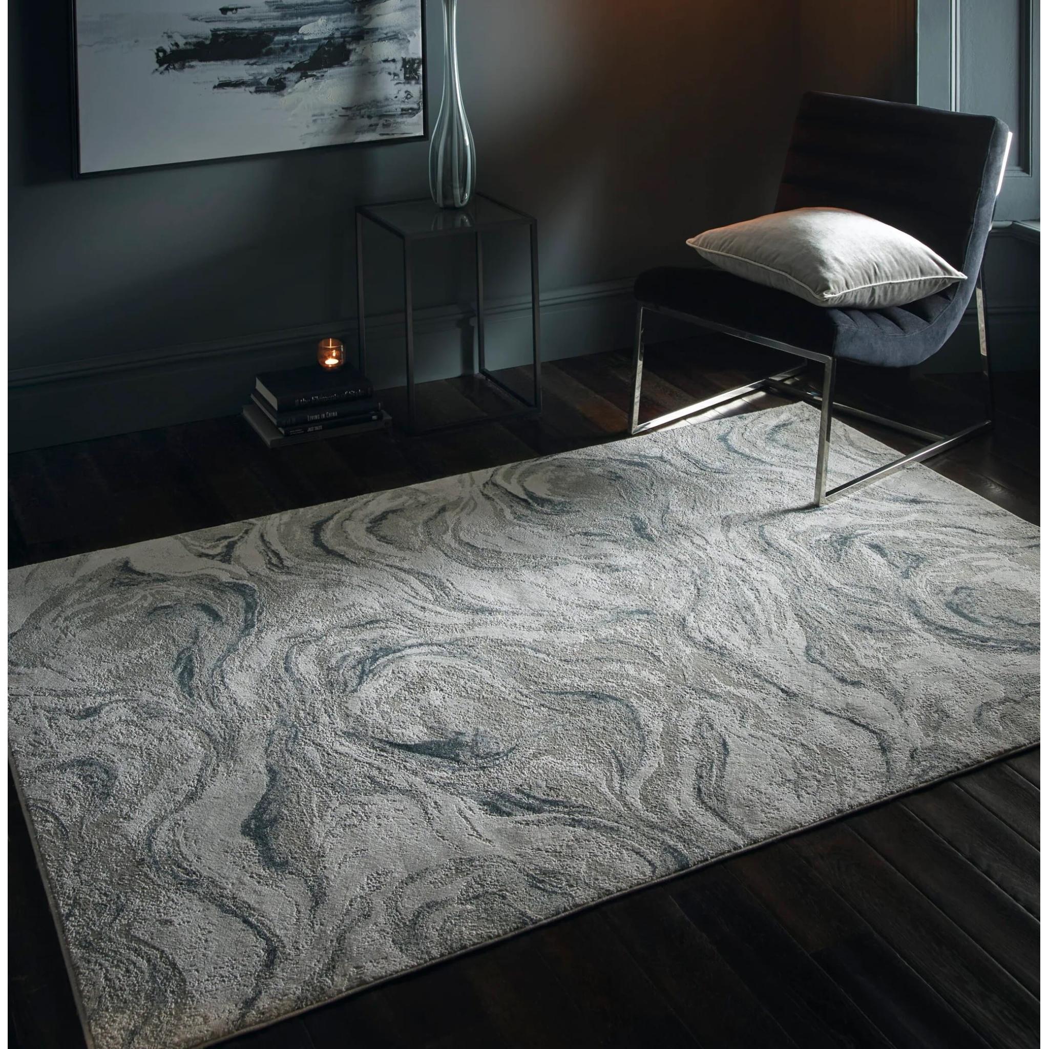Lavico Swirl Marbled Rug Modern Abstract Silk Shiny Rug by Clarke & Clarke in Charcoal Grey Medium 120x170 cm (4'x5'6")