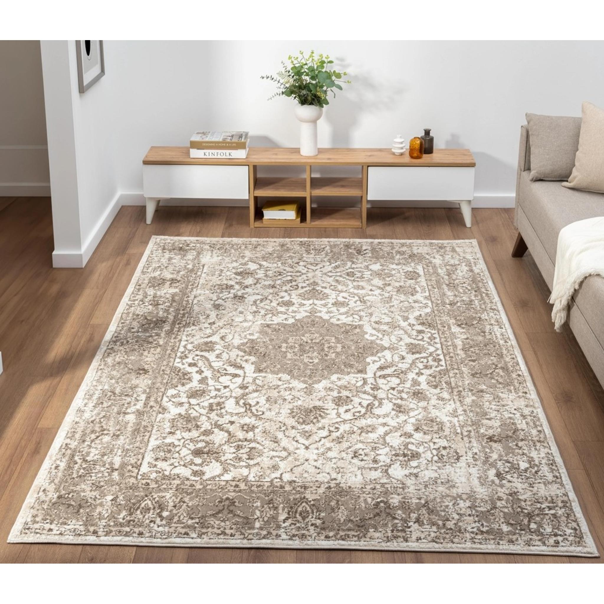 Vintage 865AC Traditional Classic Medallion Bordered Cream Light Beige Rug Hallway Runner Small 80x150 cm (2'6"x5')
