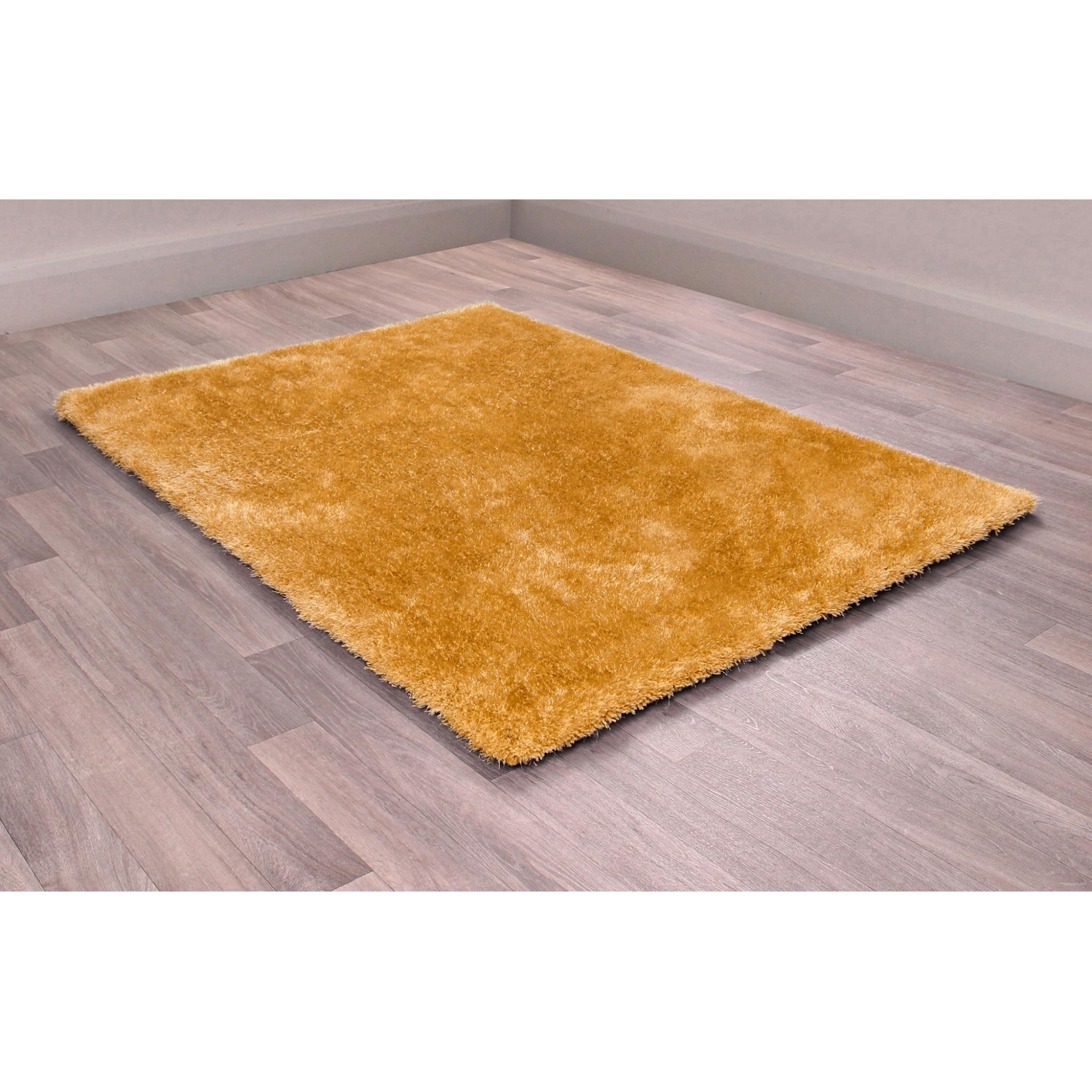 Indigo plain Thick Soft Fluffy Silky Plush Shaggy Rug in Ochre Yellow 60 x 110 cm