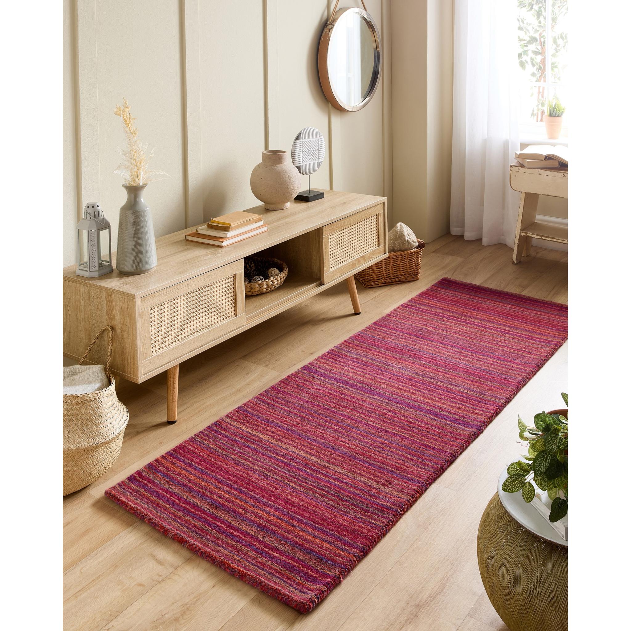 Origins Fine Stripes Hand Loom Woven Wool Rug Halway in Purple / Pink Runner 67x200 cm (2'2"x6'7")