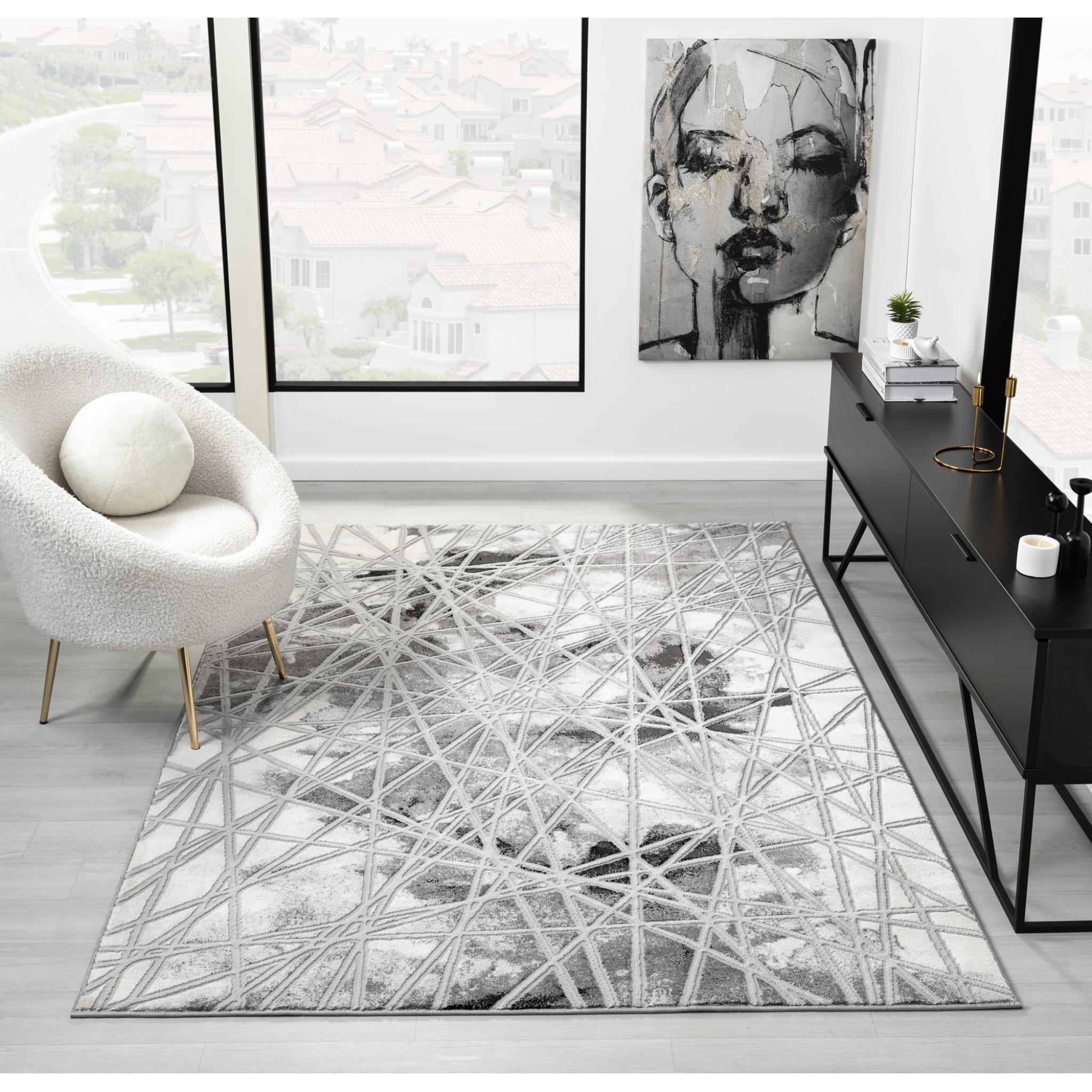 Bianco 185TA Modern Marbled Abstract Dark Grey Silver Rug & Hall Runner Large 160x225 cm (5'3"x7'6")