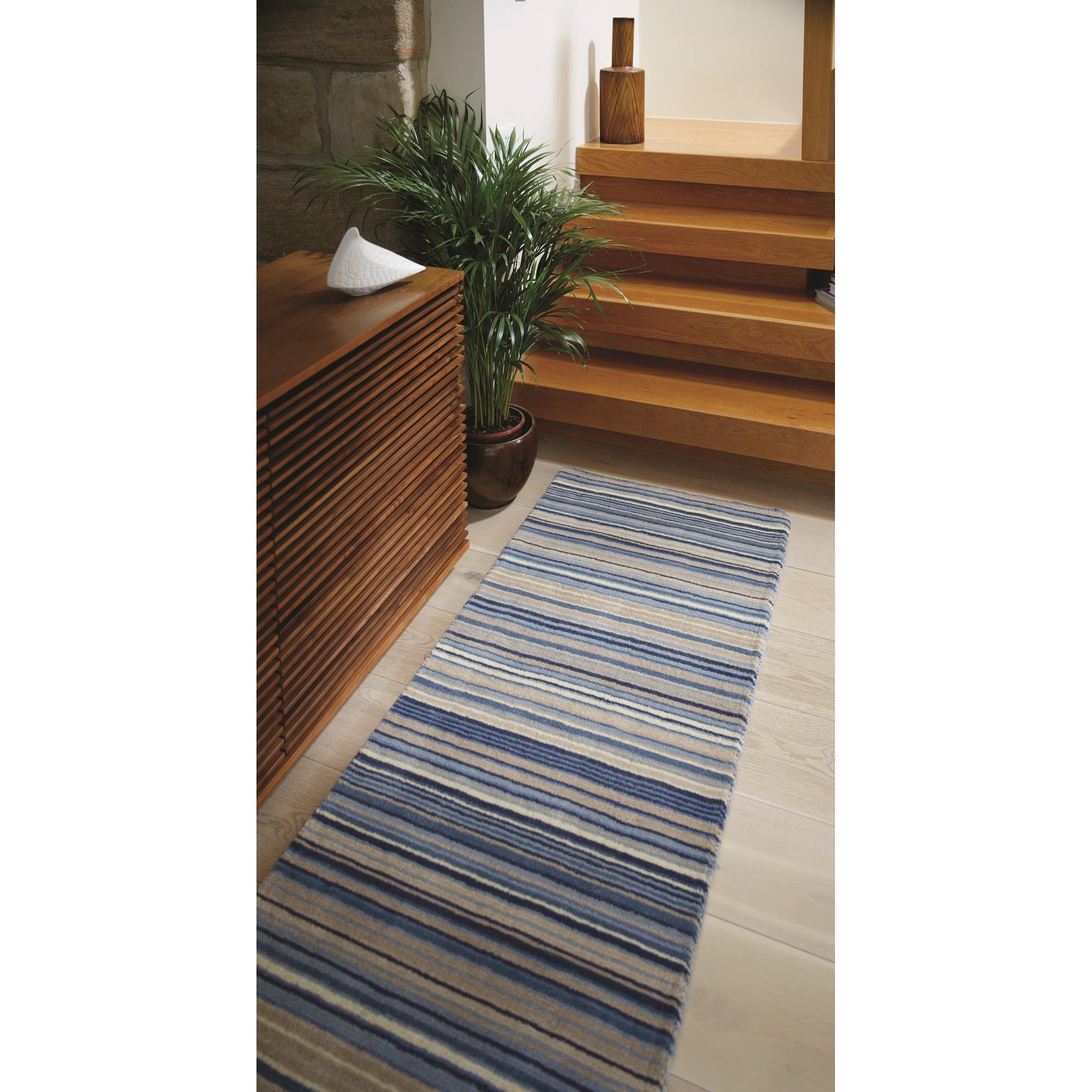 Origins Fine Stripes Hand Loom Woven Wool Rug Halway in Blue Beige 67x200cm (2'2''x6'7'') Runner
