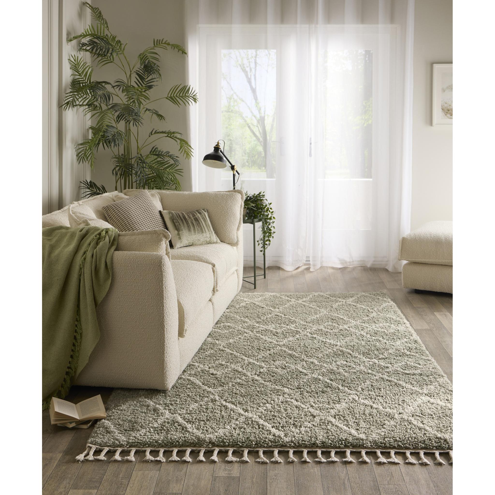 Casablanca Eucalyptus Green Ivory Shaggy Rug By Origins Large 160x230 cm (5'3"x7'7")