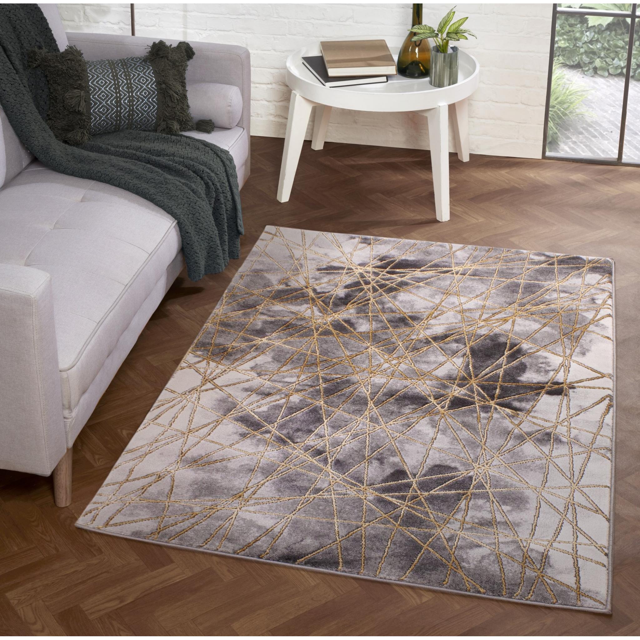 Bianco 185TA Modern Marbled Abstract Dark Grey Gold Rug & Hall Runner Small 80x150 cm (2'6"x5')