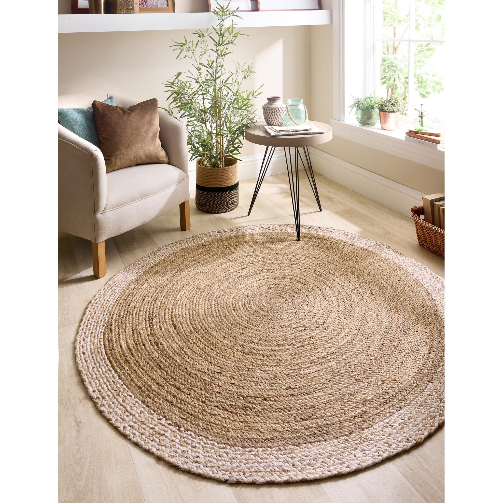Jute Bordered Rug Indoor Outdoor Handmade Braid Stitched Natural White Rug Circle 150x150 cm (5'x5')